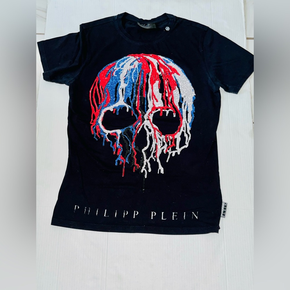 Philipp Plein Silver and Black Homme Label Rhinestone Skull T Shirt